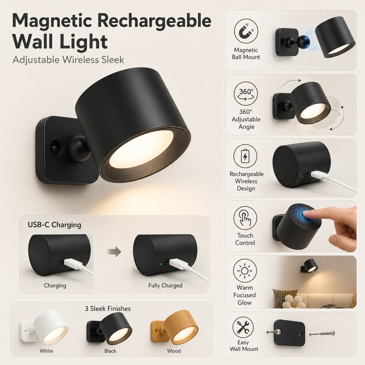 Magnetic Rechargeable Wall Light Adjustable Wireless Sleek