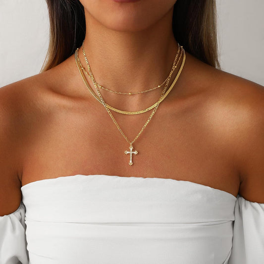 Necklace Layered Cross Pendant Mothers Day Gold Jewelry Gift