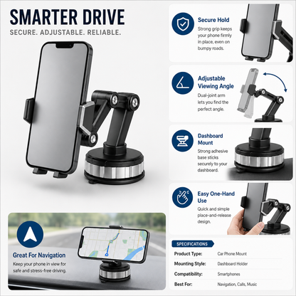 Car Phone Mount Adjustable Holder Dashboard Air Vent Clip