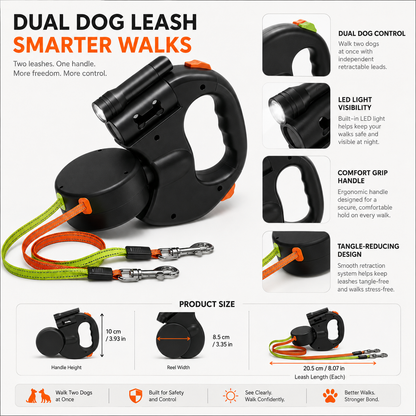 Dual Dog Leash LED Light Hands Free Design