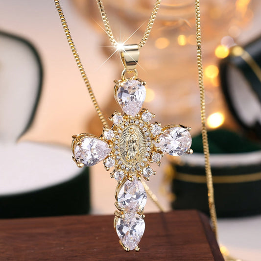 Necklace Cross Pendant Gold Cubic Zirconia Mothers Day Gift