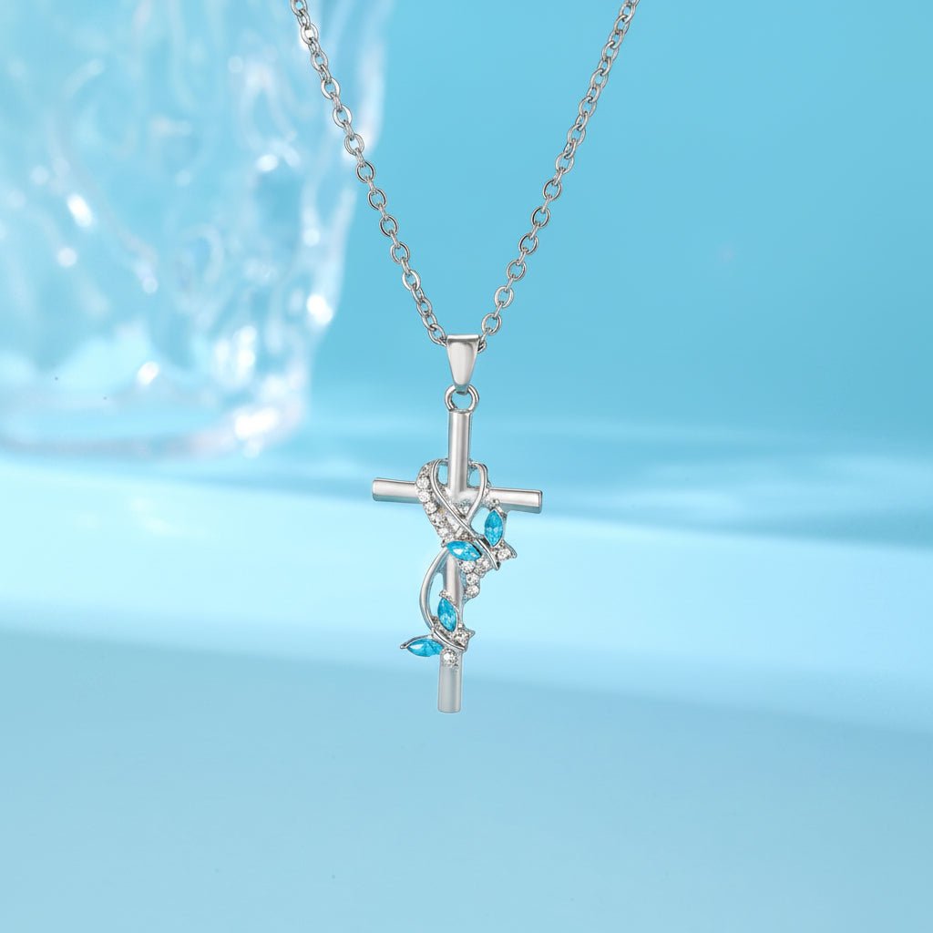 Necklace Cross Pendant Mothers Day Silver Bow Blue Gem Jewelry