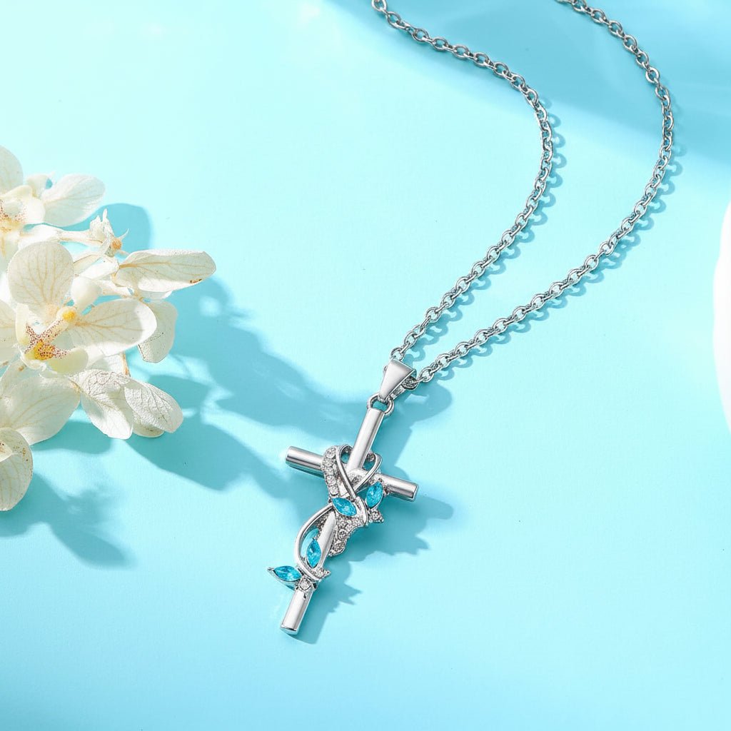 Necklace Cross Pendant Mothers Day Silver Bow Blue Gem Jewelry