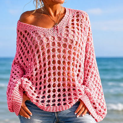 Women's Cover Up Crochet Sweater Loose Fit Beach Pullover Top