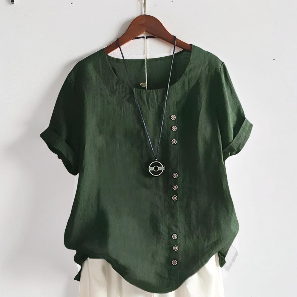 Women's Tops Casual Short Sleeve Button Front Round Neck Shirt