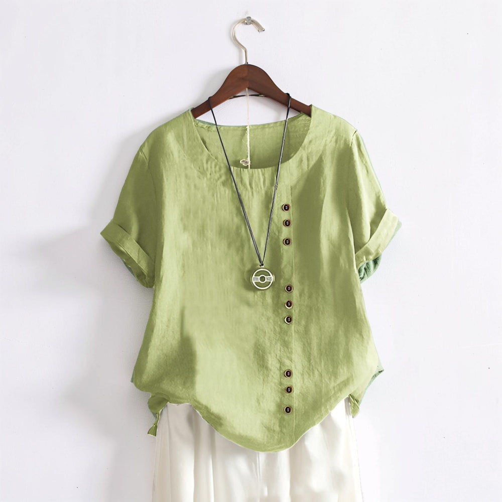 Women's Tops Casual Short Sleeve Button Front Round Neck Shirt