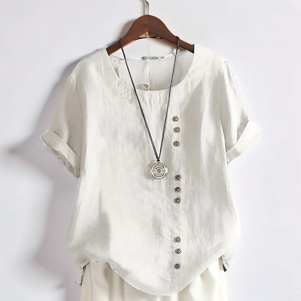 Women's Tops Casual Short Sleeve Button Front Round Neck Shirt