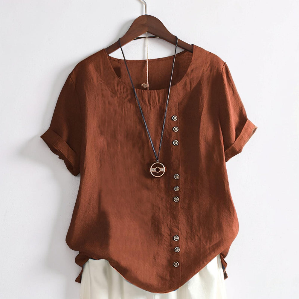 Women's Tops Casual Short Sleeve Button Front Round Neck Shirt