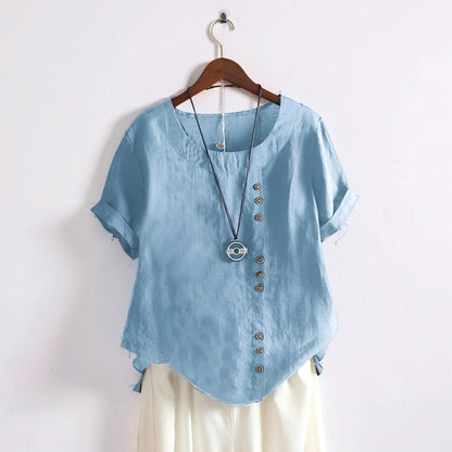 Women's Tops Casual Short Sleeve Button Front Round Neck Shirt
